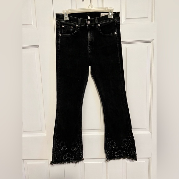 Rag & Bone 10-Inch Crop Flare Jeans Black Embroidered Size 28